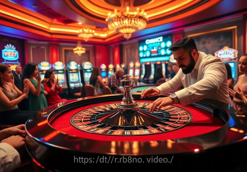"High-energy roulette table scene capturing the thrill of gambling at https://rr888.video/ with betting slips and poker chips."