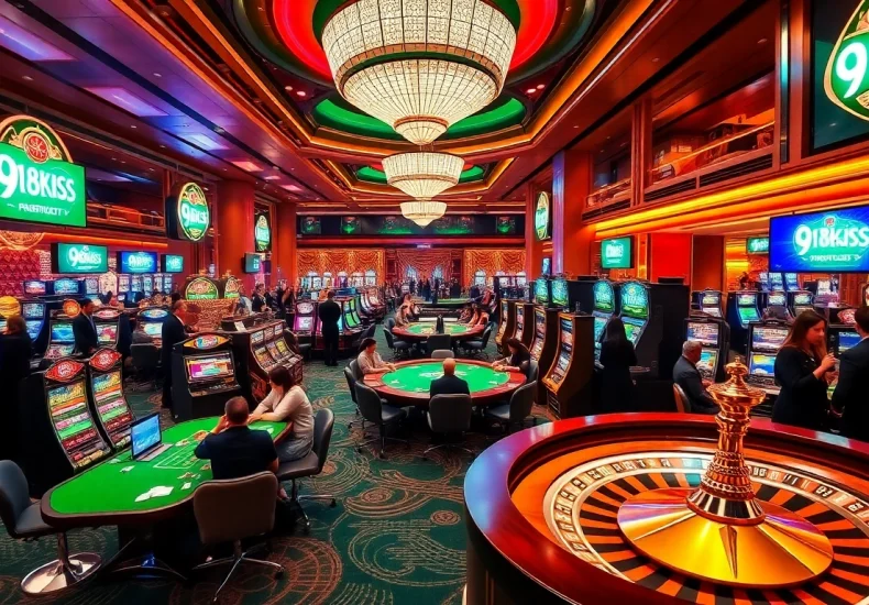 Experience the thrill of 918kiss by engaging at a lively casino with players and bright slot machines.