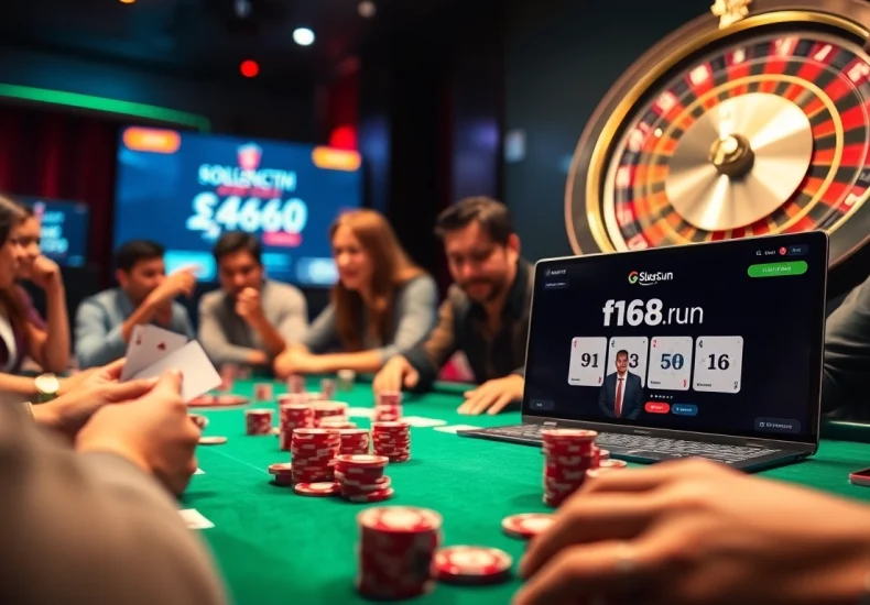 Experience the thrill of high-stakes poker at f168.run, capturing a winning hand amid vibrant casino action.