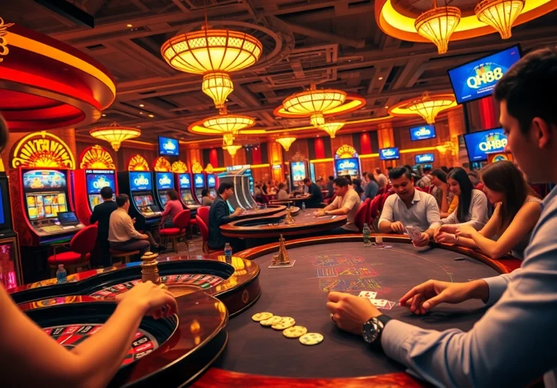 Experience the vibrant energy of đăng nhập qh88 at a bustling casino table with players in action.