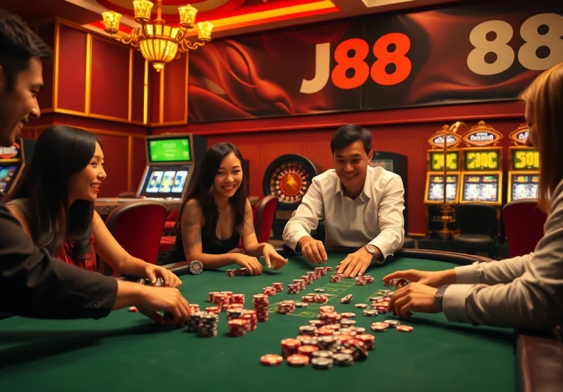 Experience the thrill of J88 đăng nhập as players enjoy an intense poker game surrounded by vibrant casino elements.
