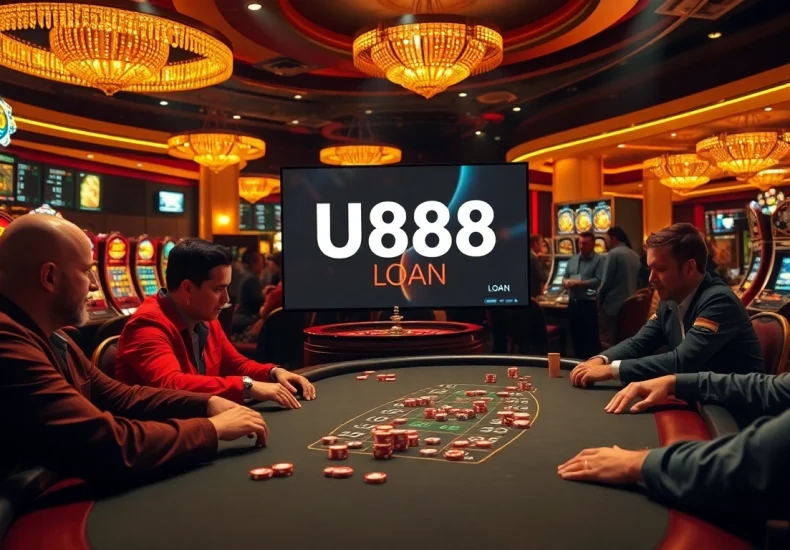 The U888 loan enhances the thrill of high-stakes poker gaming in an opulent casino environment.