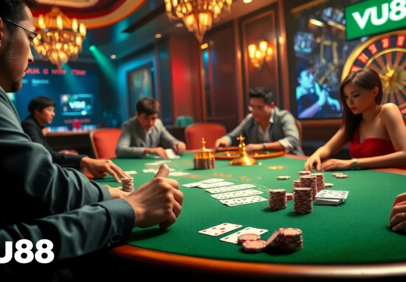 VU88 enhances the gaming experience with thrilling casino scenes featuring poker tables and intense players.