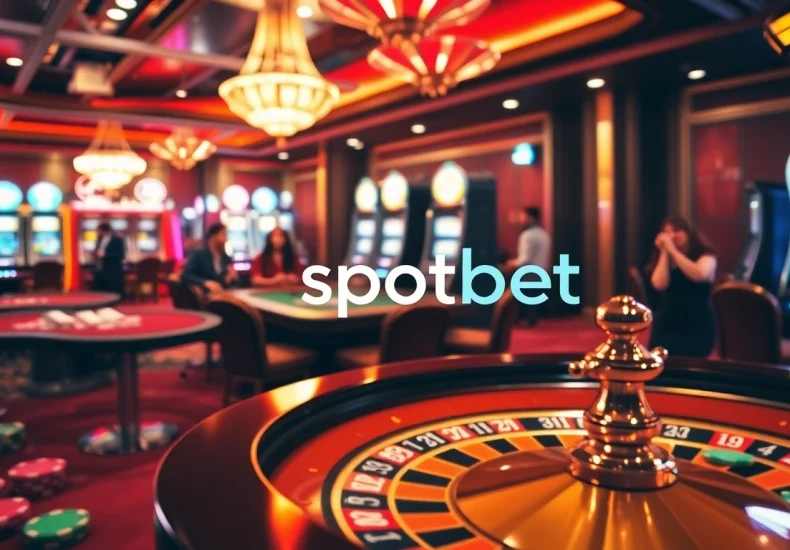 Spotbet highlights the exhilarating atmosphere of a bustling casino with poker tables and vibrant slot machines.