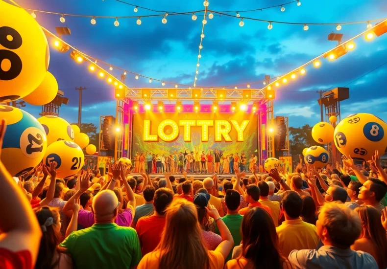 Lottery event celebration with excited crowd and colorful stage.