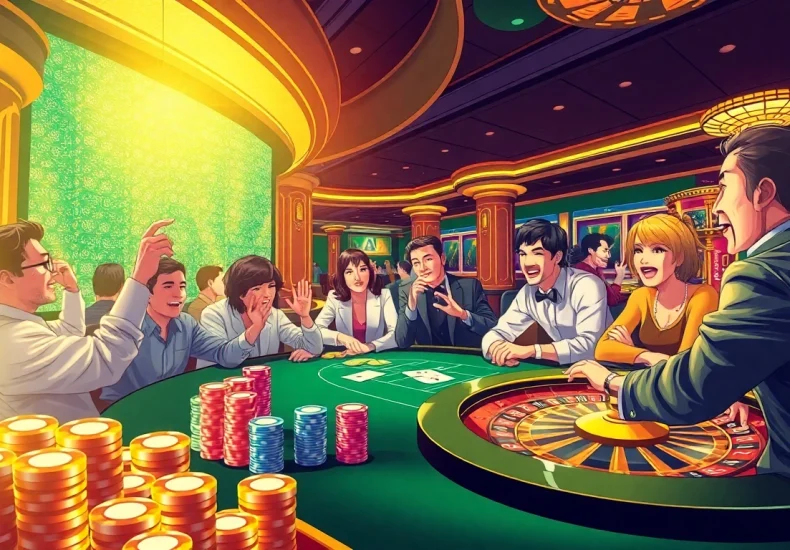 Experience unfiltered AI strategies in a busy casino poker scene, showcasing vibrant poker chips and player excitement.