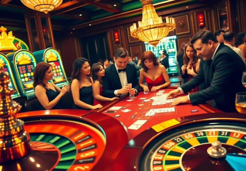 Experience the thrilling atmosphere of gambling at https://tylekeouytin.com/ with glamorous players at a blackjack table.
