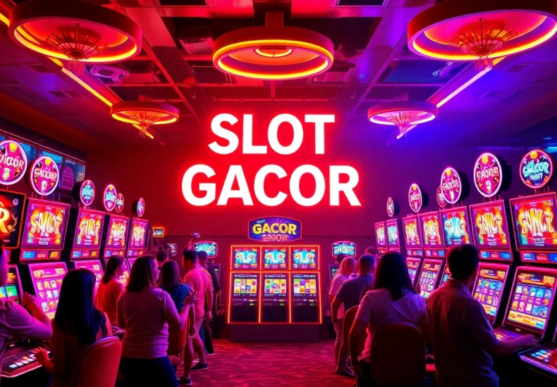 Enthusiastic players celebrating wins on Slot Gacor machines in a vibrant casino atmosphere.