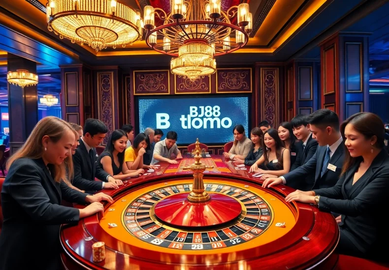 Experience the excitement of BJ88 thomo at a vibrant casino, showcasing players and roulette action.