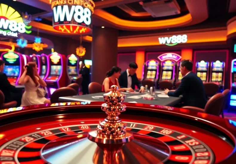 Dive into the excitement of gambling at trang chủ WW88 with players enjoying poker and roulette under dazzling lights.