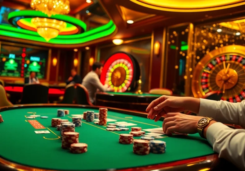 Exciting scene showcasing a poker game featuring top 10 game bài đổi thưởng with players, chips, and a roulette wheel.