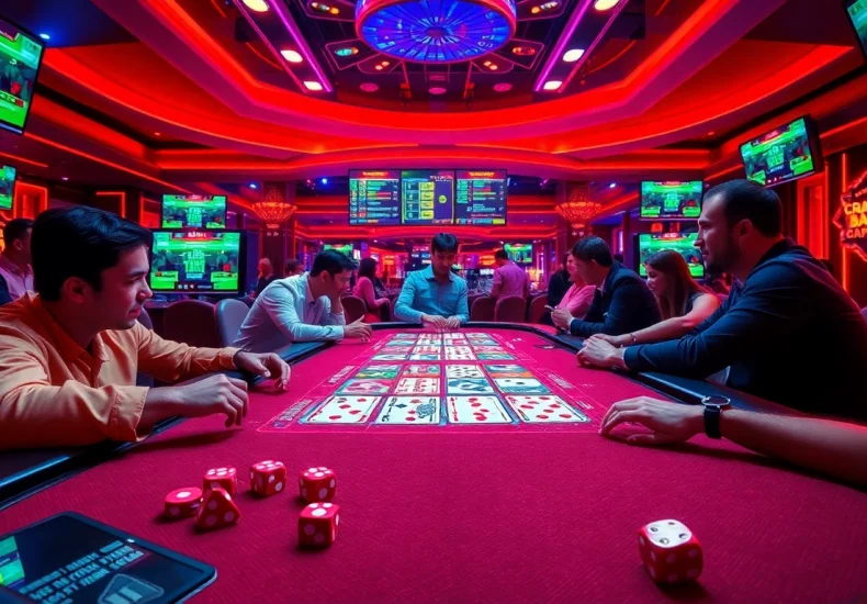 Experience the live crazy time action at a vibrant casino table filled with players and dazzling chips.