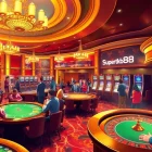 Supertkb88 casino scene featuring excited players at tables and slots.