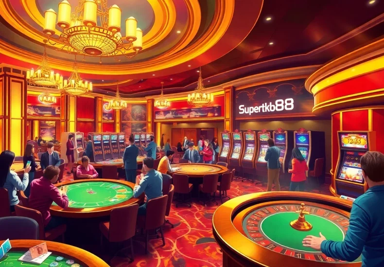 Supertkb88 casino scene featuring excited players at tables and slots.