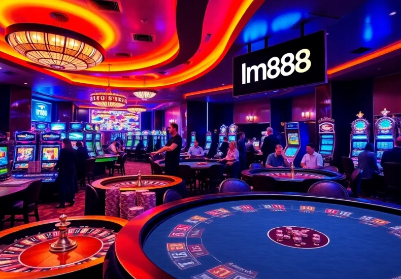 Experience the thrill of hm88 at a vibrant casino with lively players, flashy slot machines, and intense games.